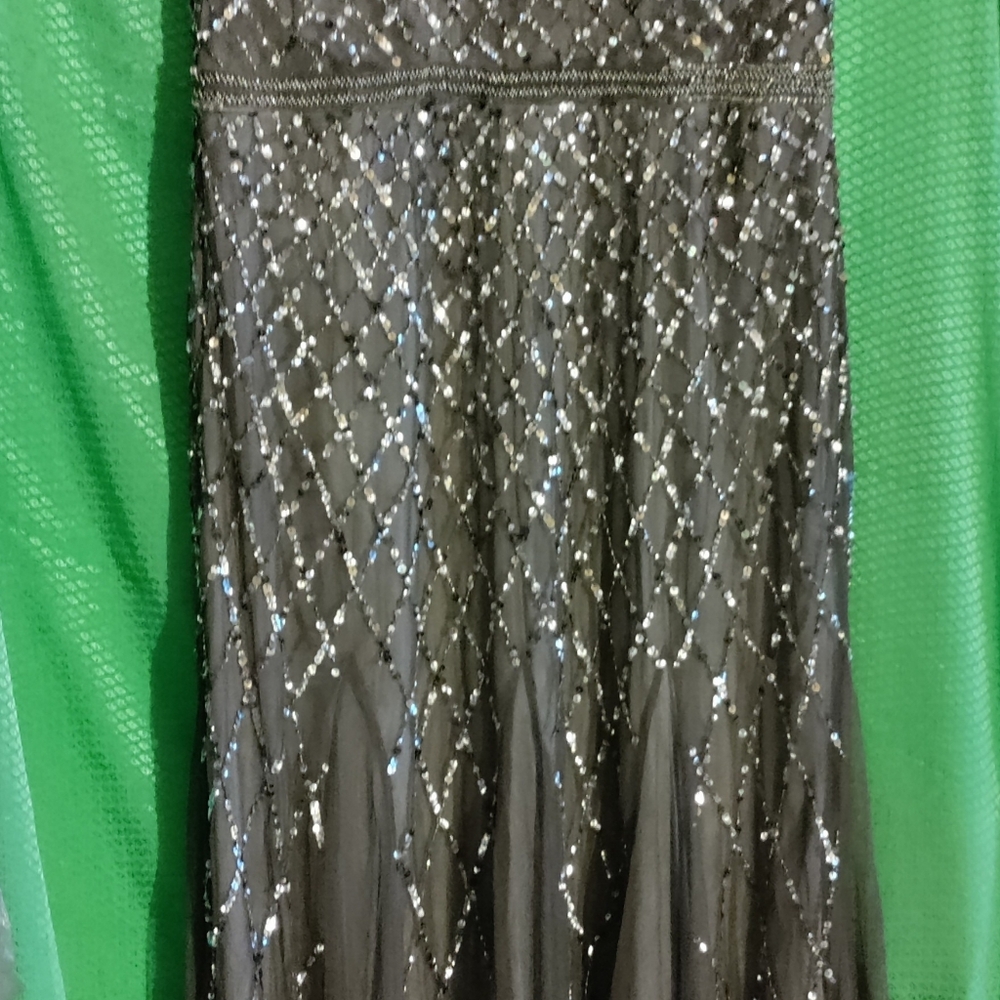 Adrianna Papell Gray Silver floor length dress US size 14P